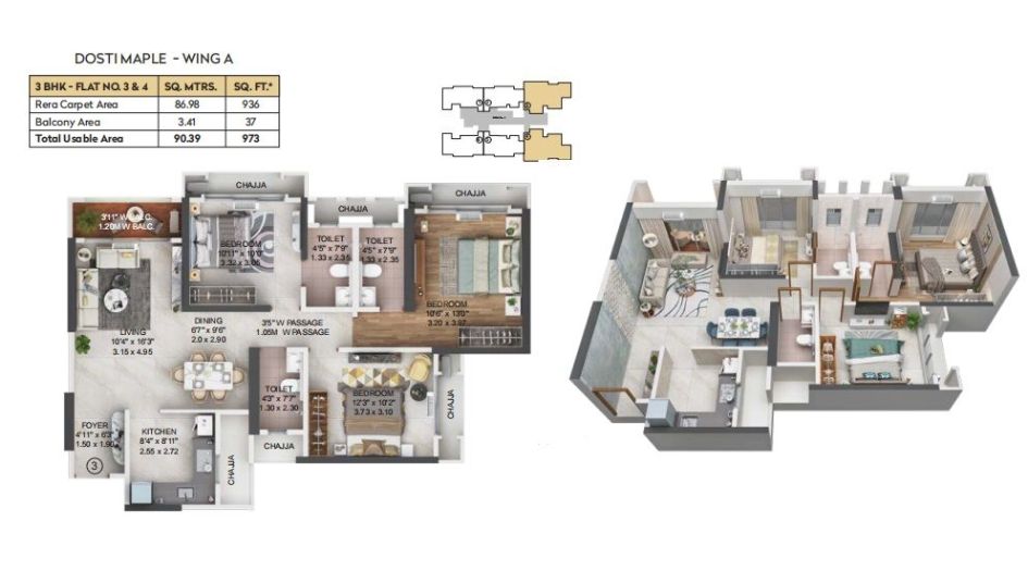 Dosti-Maple-Floor-Plan-A Wing-3 BHK-973 Sqft